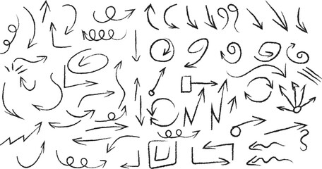 Collection of hand drawn black doodle arrows and pointers showing direction movement and various abstract shapes.