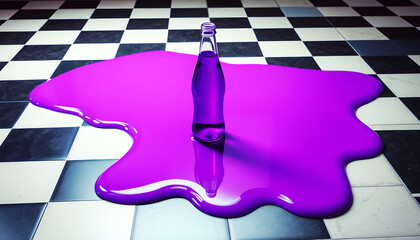 Neon Purple Liquid Spilled on Black and White Checkerboard Floor with Retro Bottle