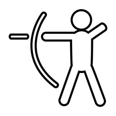 Stylized line art icon showing a figure standing with both arms extended: one holding the curved shape of a bow, and the other pulling back the string, with a horizontal line depicts the arrow