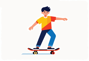 A cartoon skater with yellow and red shirt, dark hair, blue pants, and black shoes, in action on a board