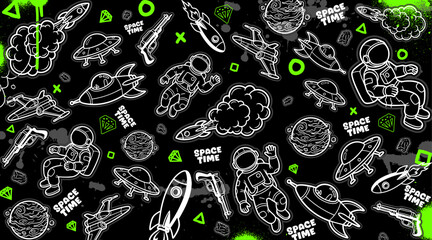 Black and white space background vector illustration in a graffiti style.