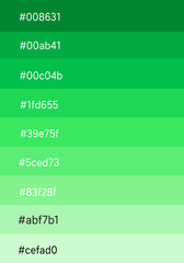 A fresh green gradient color palette transitioning from deep emerald to soft pastel mint. Includes hex codes, perfect for eco-themed designs, branding, UI/UX, and modern creative projects.
