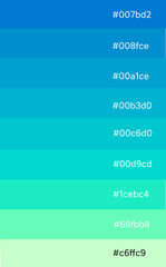 A vibrant blue-to-aqua gradient color palette featuring smooth transitions from deep ocean blue to soft mint tones. Includes hex codes, ideal for modern design, UI/UX, branding, and creative visual pr