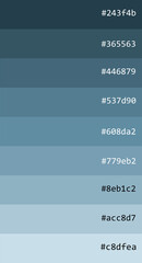 A clean blue-grey gradient color palette with hex codes, featuring smooth transitions from dark slate to soft pastel blues. Perfect for branding, UI/UX, and modern design projects