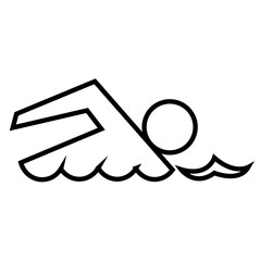 Stylized outline icon of a swimmer performing the freestyle stroke. With an abstract shape for the torso breaking through stylized waves, related to wayfinding, public signage, sports representation