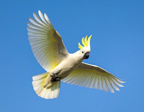 Low angle view of a beautiful Sulphur-crested Cockatoo flying in a clear blue sky. Majestic white parrot soaring with open wings in bright sunlight