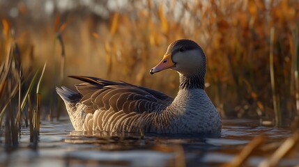 Goose swimming in calm water amidst reeds with soft golden light bird waterfowl photo