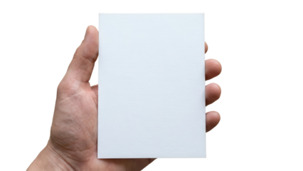 Hand holding blank white vertical card mockup on isolated background