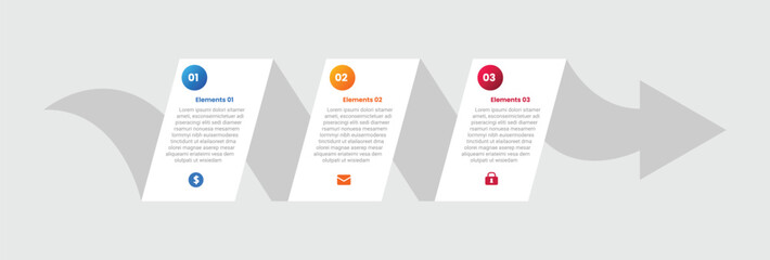 Arrow base shape infographic with gradient style with skew box with ribbon flip and arrow horizontal direction with 3 elements stages