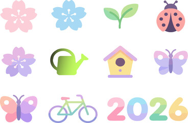 Soft pastel spring vector icons featuring sakura flowers, leaves, ladybug, watering can, birdhouse, butterflies, bicycle, and 2026 numbers in smooth gradient style.