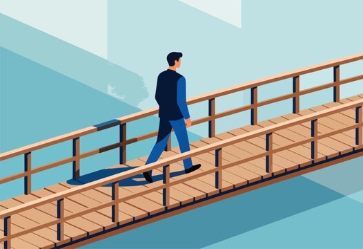 A person walks across a wooden bridge over water, viewed from a slightly high isometric angle