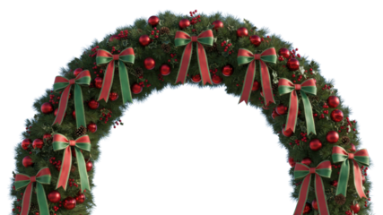 Christmas garland arch with red ornaments and green red ribbon bows isolated