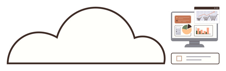 Large abstract cloud connected to a desktop screen displaying charts, graphs, and analytics. Ideal for technology, cloud storage, data analysis, business strategy, innovation, productivity simple