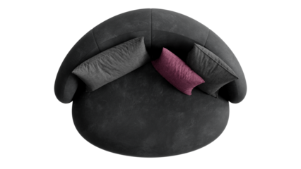 Top view of upholstered round couch with pillows on a transparent background.
