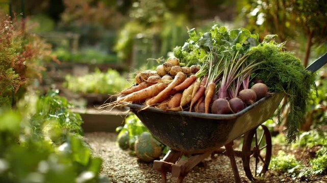 Freshly Harvested Vegetables in Wheelbarrow on Gravel Path in Lush Garden