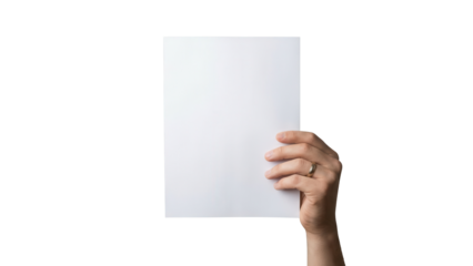 Hand holding blank white paper sheet isolated on white background