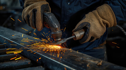 Metalworker grinds metal edge with angle grinder as bright sparks fly in a busy workshop
