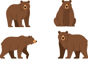 Vector illustration set featuring brown bears in various poses including standing, sitting, and walking, perfect for wildlife designs, educational projects, and nature artwork