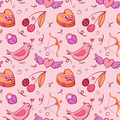 Seamless pattern with adorable Valentine doodles: hearts, gifts, arrows, and romantic icons. Playful hand-drawn style for wrapping paper, textiles, wallpapers, and holiday backgrounds.
