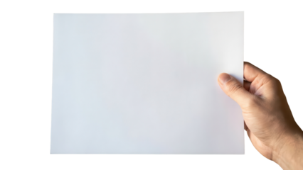 Hand holding blank white sheet of paper isolated on white background