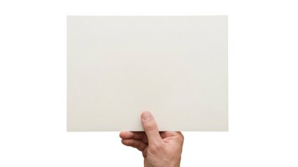 Hand holding blank white horizontal paper sheet isolated on white background