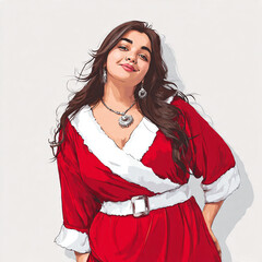 Smiling Woman with Necklace in Red and White Santa Costume - Elegant Holiday Portrait Stock Photo for Christmas Designs
