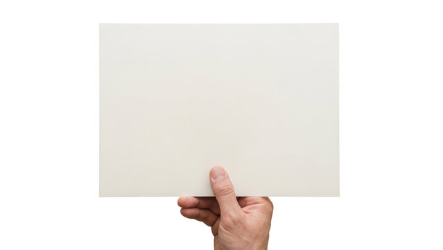 Hand holding blank white horizontal paper sheet isolated on white background