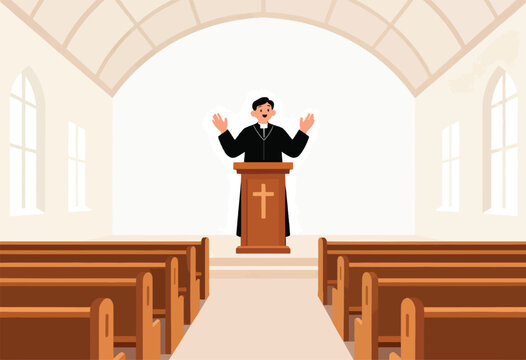 Cartoon illustration of a church interior with a priest preaching from a pulpit, and rows of pews