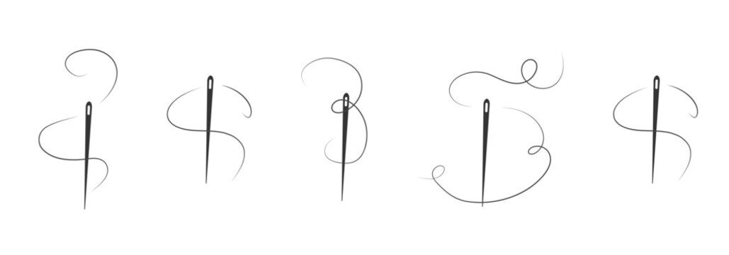 Elegant needle with thread. Needle symbol and curved thread, tailor and shoemaker needlework tool, sewing element. Small tattoo, print for clothes