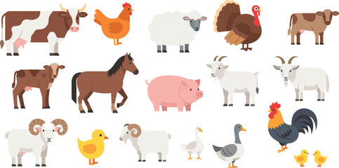 Colorful vector illustration set featuring various farm animals including cows, chickens, sheep, goats, horses, pigs, ducks, geese, and turkeys for agricultural designs