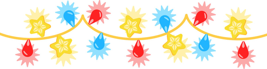 A vibrant string of festive lights in star and teardrop shapes, perfect for celebration