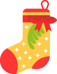 Festive yellow christmas stocking with red bow and star pattern ready for holiday gifts
