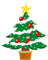 Festive green christmas tree with ornaments and bows