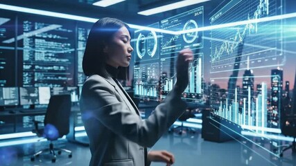Focused businesswoman interacts with a futuristic holographic data interface displaying complex financial charts in a modern office setting - Powered by Adobe