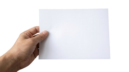 Fototapeta premium Hand holding blank white horizontal paper sheet isolated on white background