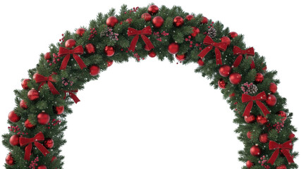 Christmas garland arch with red baubles and bows isolated on white