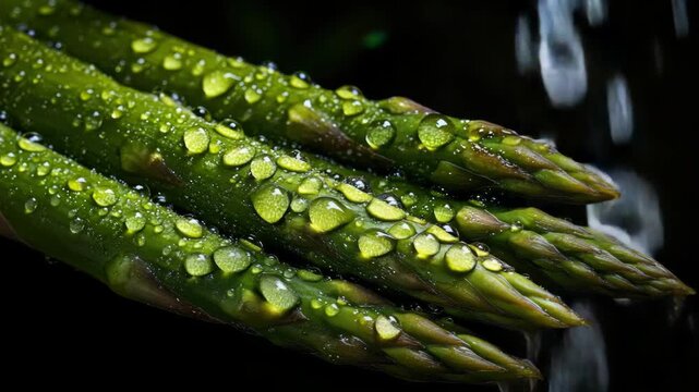 Close-up of fresh asparagus spears with water droplets on them, set against a blurred background. High-resolution emphasizing the wet and vibrant appearance of the vegetables.