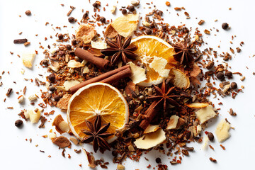 Mixed dried winter spices and citrus fruit slices flat lay isolated on white background. Top view of cinnamon, star anise and ingredients for mulled wine