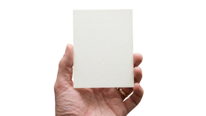Hand holding blank white card mockup isolated on white background