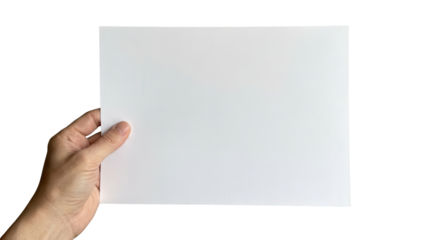 Hand holding blank white paper sheet isolated on white background