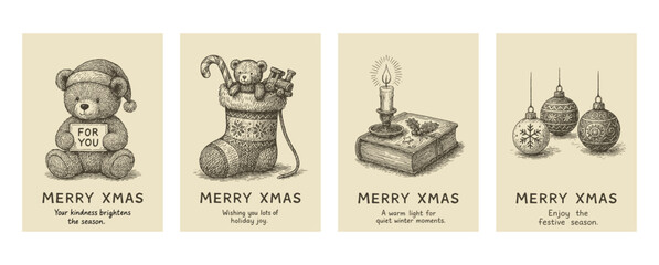 ペン画のクリスマスカード4点セット（くま・靴下・ろうそく・飾り）、Hand-drawn Christmas Card Set (Bear, Stocking, Candle, Ornaments)