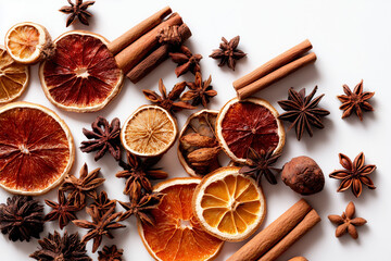 Mixed dried winter spices and citrus fruit slices flat lay isolated on white background. Top view of cinnamon, star anise and ingredients for mulled wine