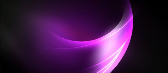 Abstract purple waves flow across black background. Smooth gradients create dynamic, modern visual effect. Light emphasizes curves.