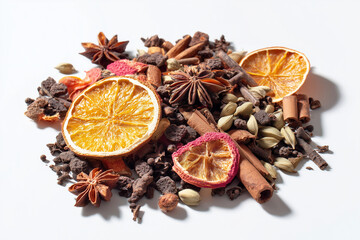 Mixed dried winter spices and citrus fruit slices flat lay isolated on white background. Top view of cinnamon, star anise and ingredients for mulled wine