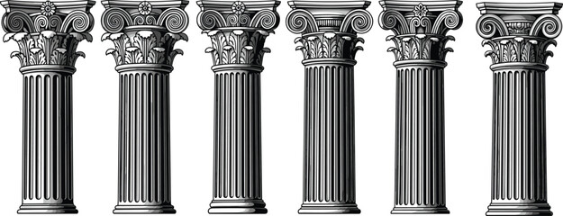 Obraz premium Set of six Corinthian column silhouettes, classical architecture elements, ornate capital designs, ancient Greek Roman style for stock illustration use
