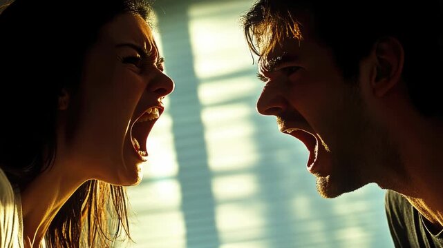 A man and woman engaged in a heated argument with intense expressions on their faces.