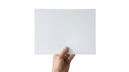 Hand holding blank white horizontal paper sheet isolated on white background