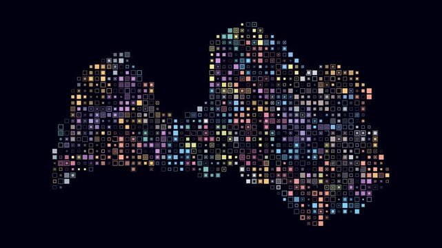Latvia animated country shape. Pulsating colored dots on the map of the country. Small size square blocks. Digital style Latvia map on dark background. Classy animation video.