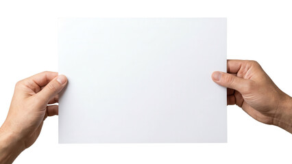 Obraz premium Hands holding blank white paper sheet isolated on white background