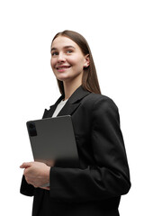 Woman holding a tablet and smiling in a formal outfit